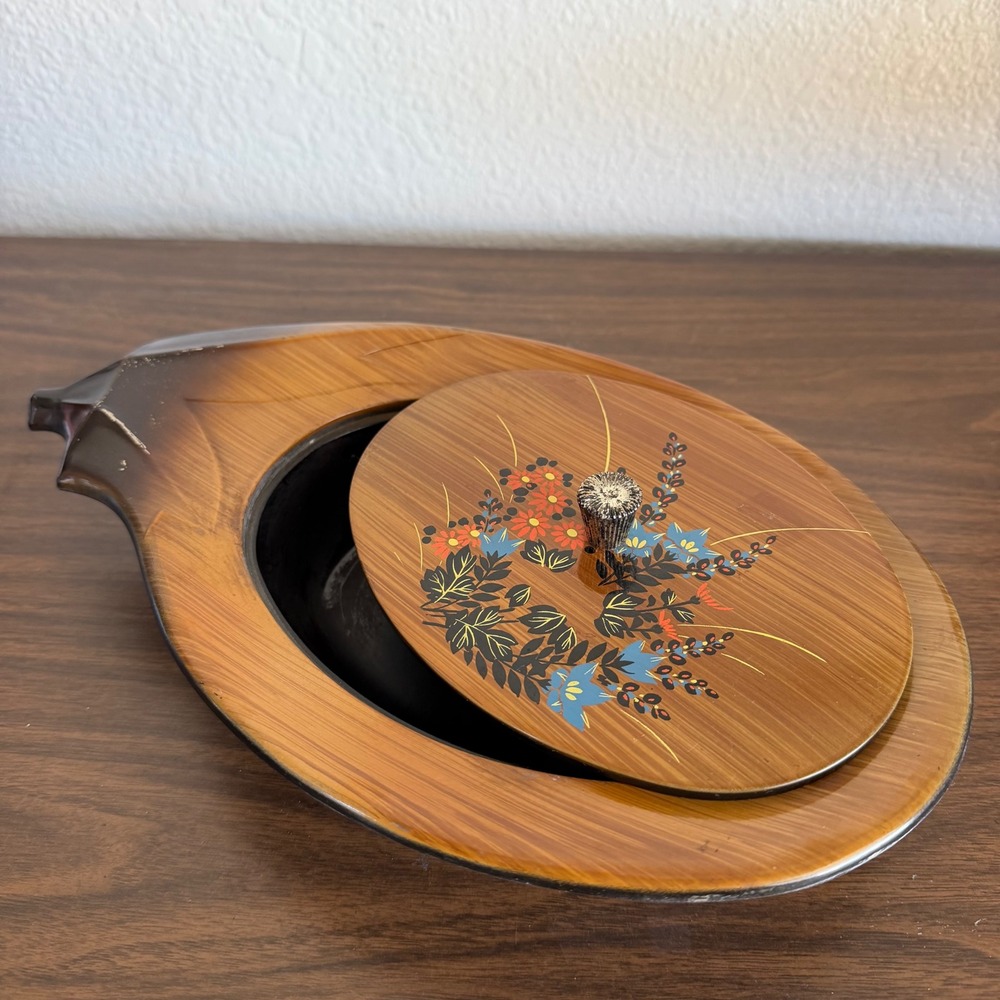 Vintage‎ Mid Century Modern Faux Wood Floral Lidded Dish MCM Candy Bowl Brown